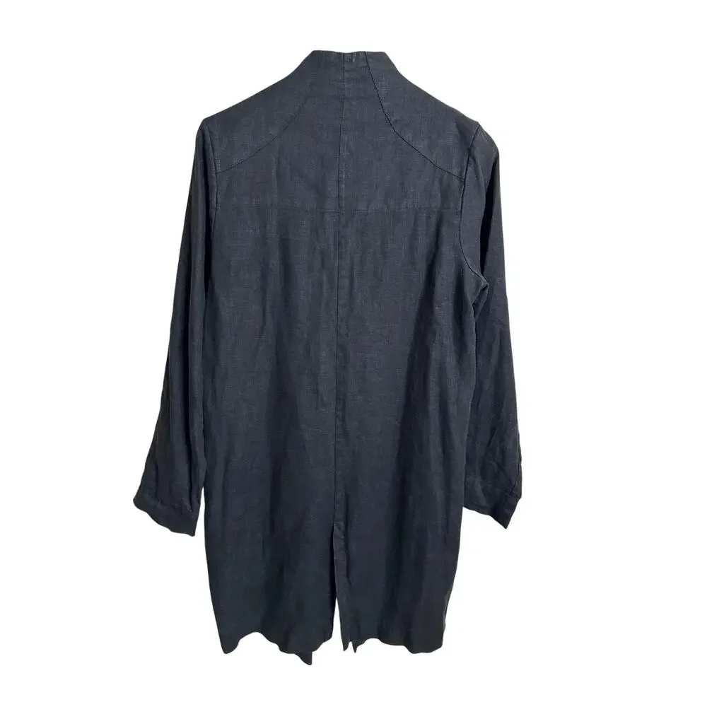 Black Ficus Linen Trench Almond in Black Mens S Longline Duster Open Front